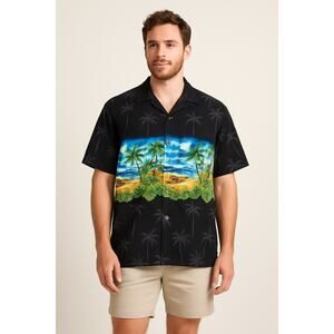 Vintage Hawaiian Aloha Shirt Palm Tree Beach Scene Blue Hawaii Made in Hawaii XL